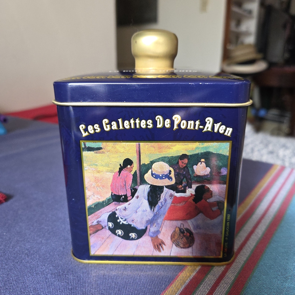 Vintage French Biscuit Tin, Blue and Gold, Top Knob, Les Galette De Pont Aven